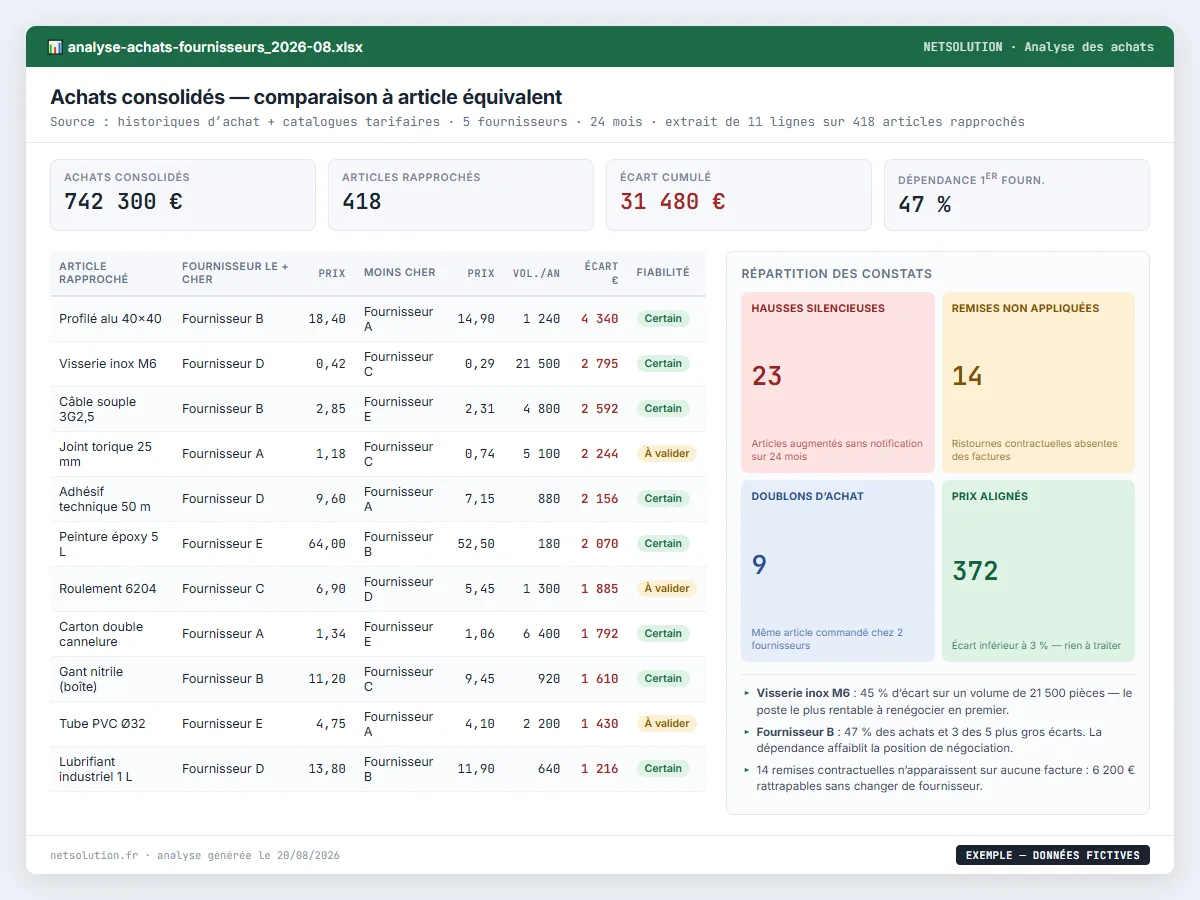 Exemple de livrable NETSOLUTION : analyse des achats et comparaison de fournisseurs, tableau d’analyse en données fictives