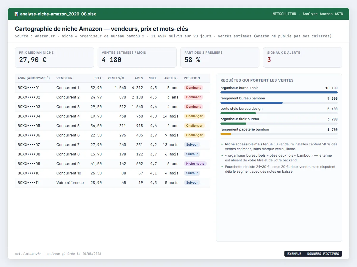 Exemple de livrable NETSOLUTION : analyse Amazon ASIN, tableau d’analyse en données fictives