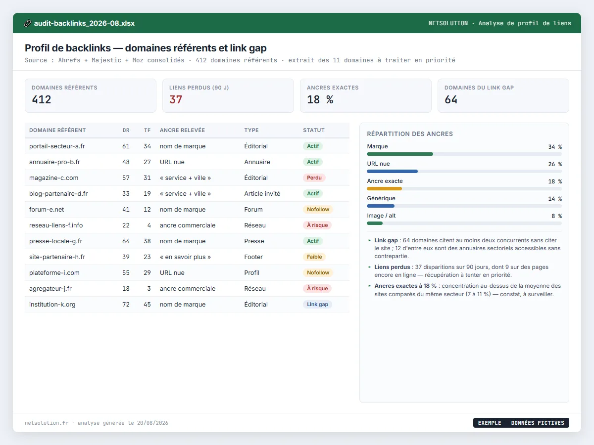 Exemple de livrable NETSOLUTION : analyse de backlinks & link gap concurrentiel, tableau d’analyse en données fictives