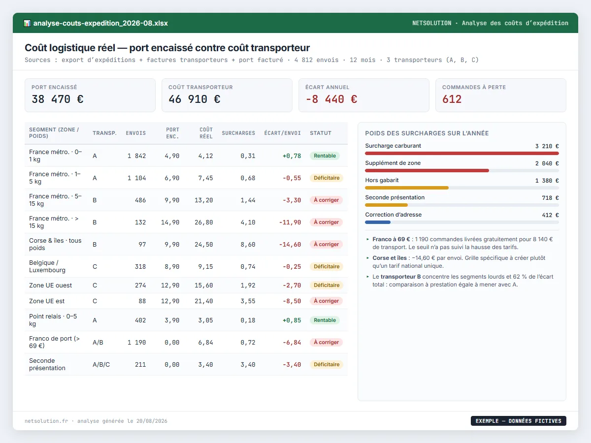 Exemple de livrable NETSOLUTION : analyse des coûts d’expédition, tableau d’analyse en données fictives