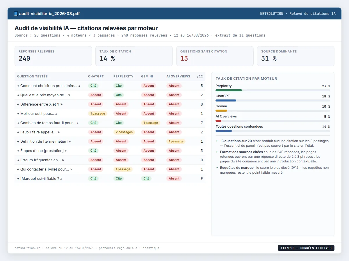 Exemple de livrable NETSOLUTION : audit de visibilité IA, tableau d’analyse en données fictives