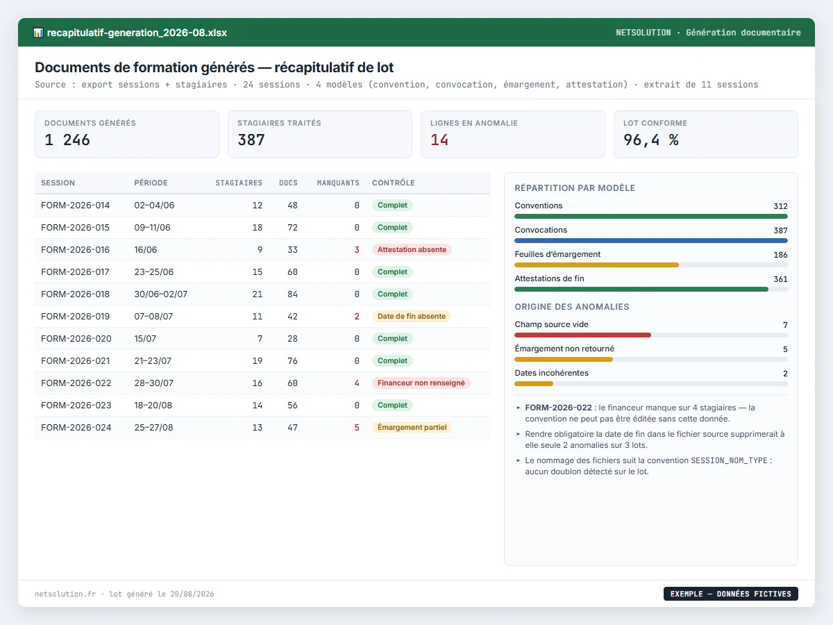 Exemple de livrable NETSOLUTION : automatisation administrative pour organismes de formation, tableau d’analyse en données fictives