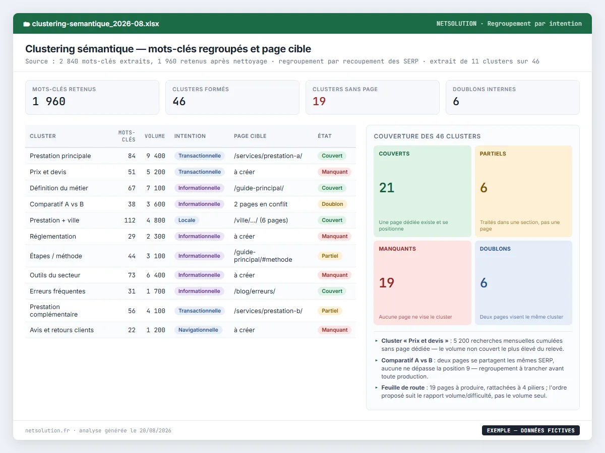 Exemple de livrable NETSOLUTION : clustering sémantique de mots-clés, tableau d’analyse en données fictives