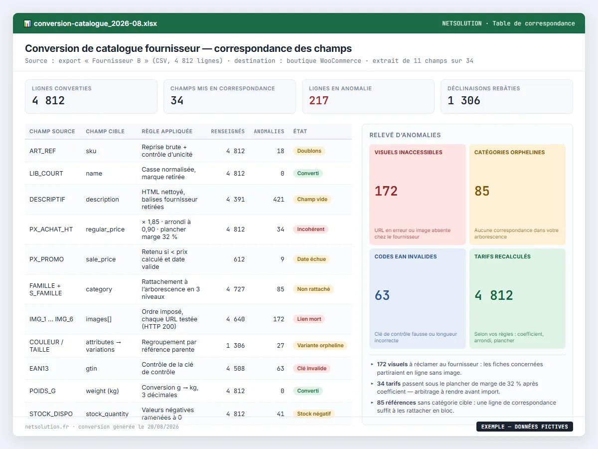 Exemple de livrable NETSOLUTION : conversion de catalogue fournisseur en fichier d’import, tableau d’analyse en données fictives