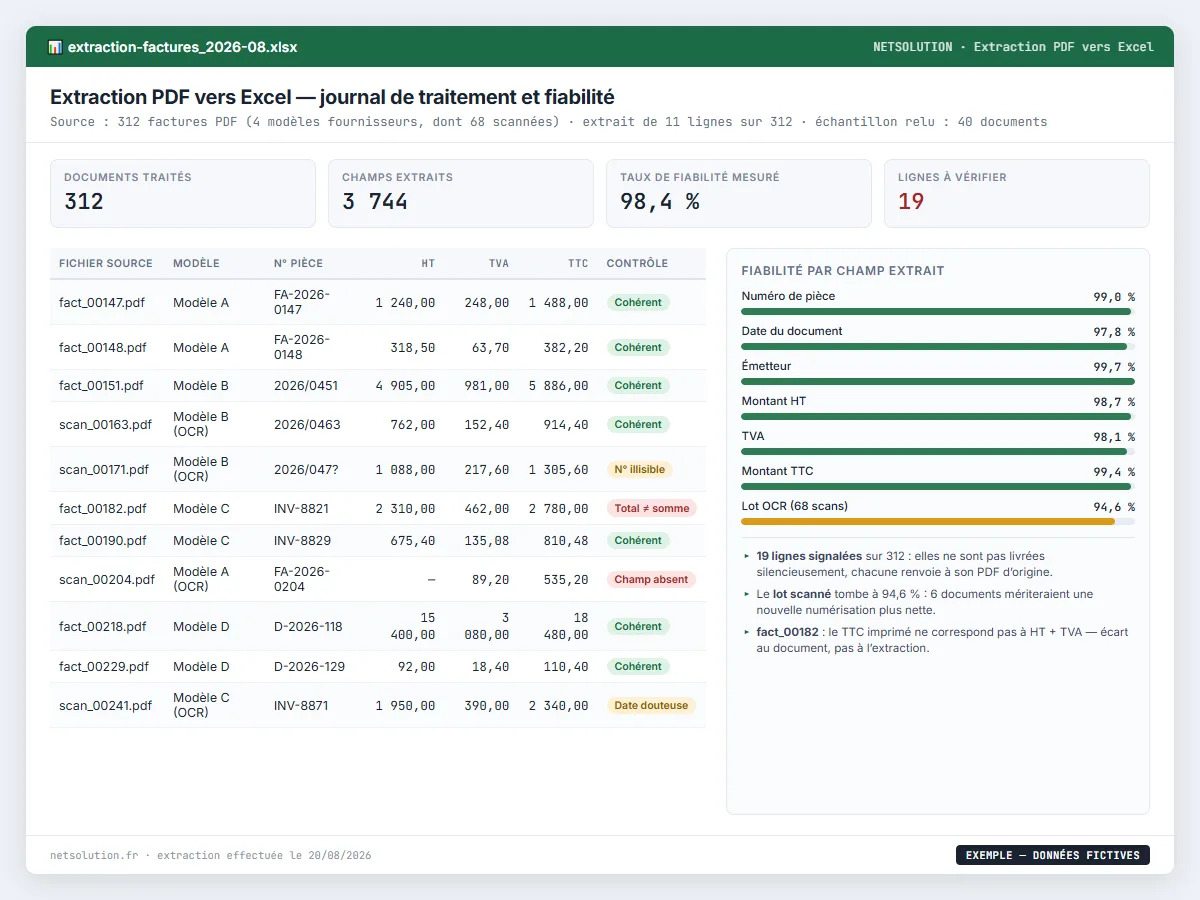 Exemple de livrable NETSOLUTION : extraction de PDF vers Excel, tableau d’analyse en données fictives