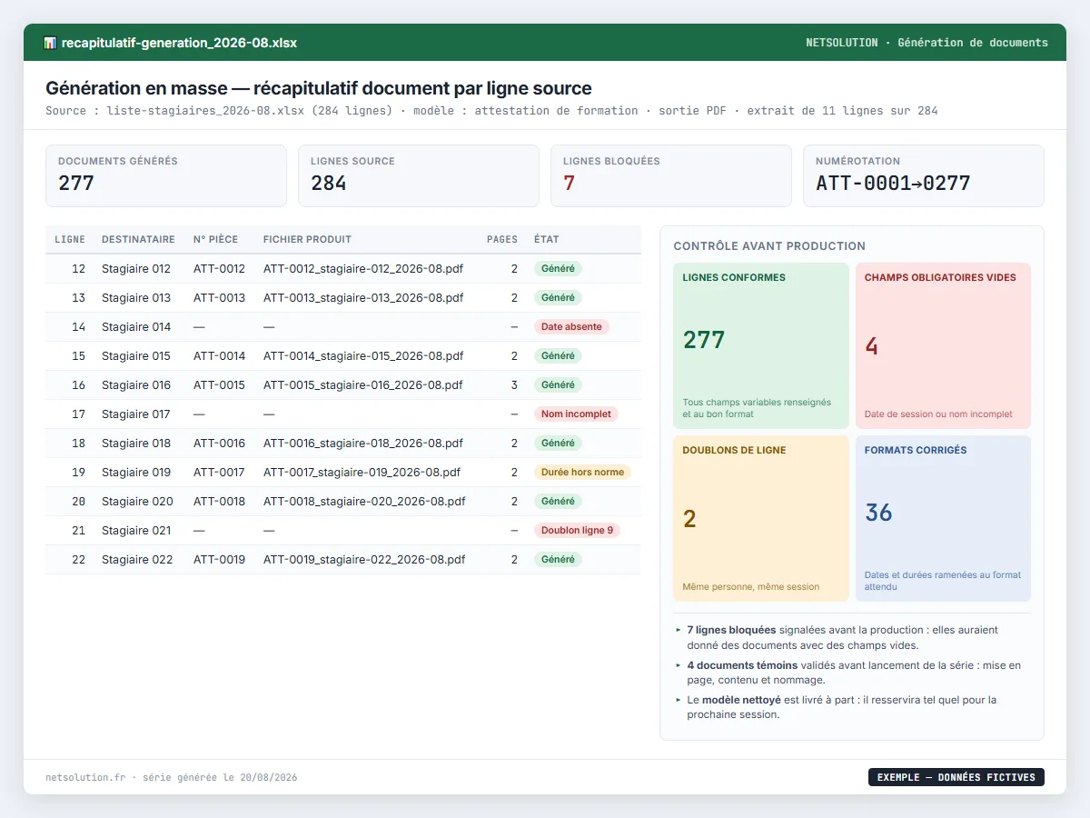 Exemple de livrable NETSOLUTION : génération de documents en masse depuis Excel, tableau d’analyse en données fictives