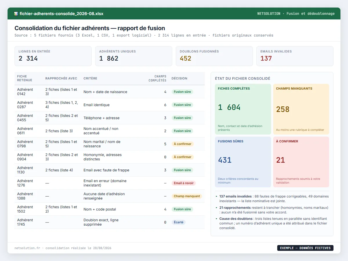 Exemple de livrable NETSOLUTION : nettoyage de fichier d’adhérents, tableau d’analyse en données fictives