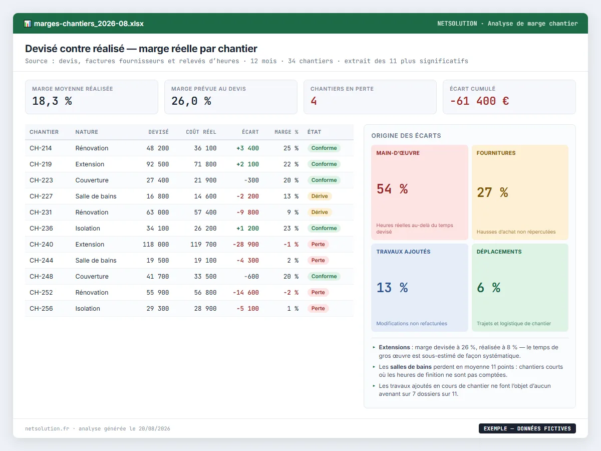 Exemple de livrable NETSOLUTION : analyse de marges et devis bâtiment, tableau d’analyse en données fictives