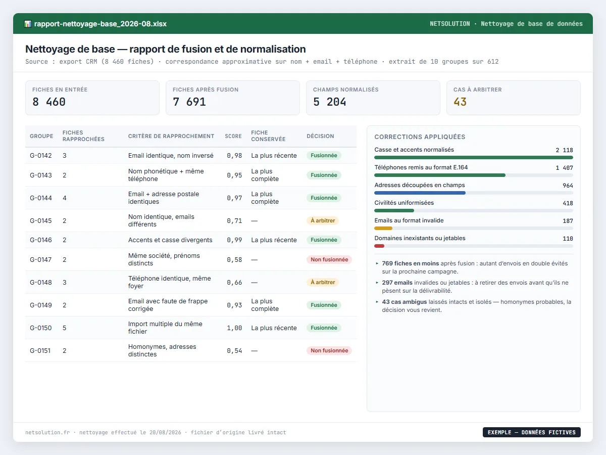 Exemple de livrable NETSOLUTION : nettoyage et dédoublonnage de base de données, tableau d’analyse en données fictives