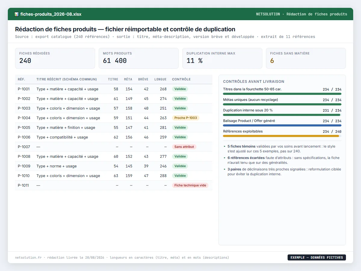 Exemple de livrable NETSOLUTION : rédaction de fiches produits en masse, optimisées SEO, tableau d’analyse en données fictives