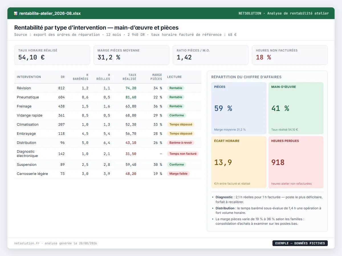 Exemple de livrable NETSOLUTION : rentabilité garage & atelier, tableau d’analyse en données fictives