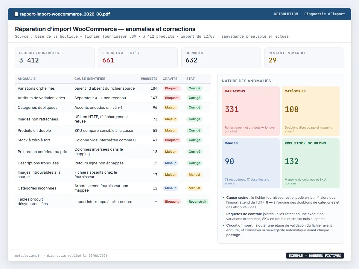 Exemple de livrable NETSOLUTION : réparation d’import WooCommerce, tableau d’analyse en données fictives