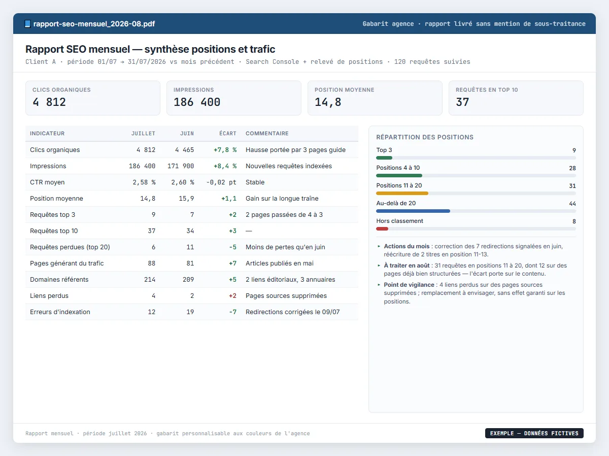 Exemple de livrable NETSOLUTION : reporting SEO en marque blanche pour agences, tableau d’analyse en données fictives