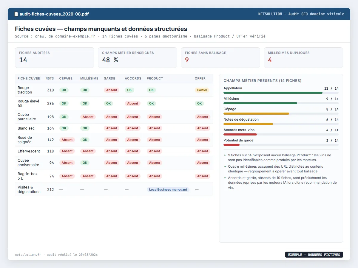 Exemple de livrable NETSOLUTION : sEO domaine viticole, tableau d’analyse en données fictives