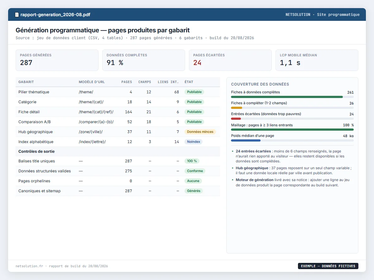 Exemple de livrable NETSOLUTION : création de site programmatique, tableau d’analyse en données fictives