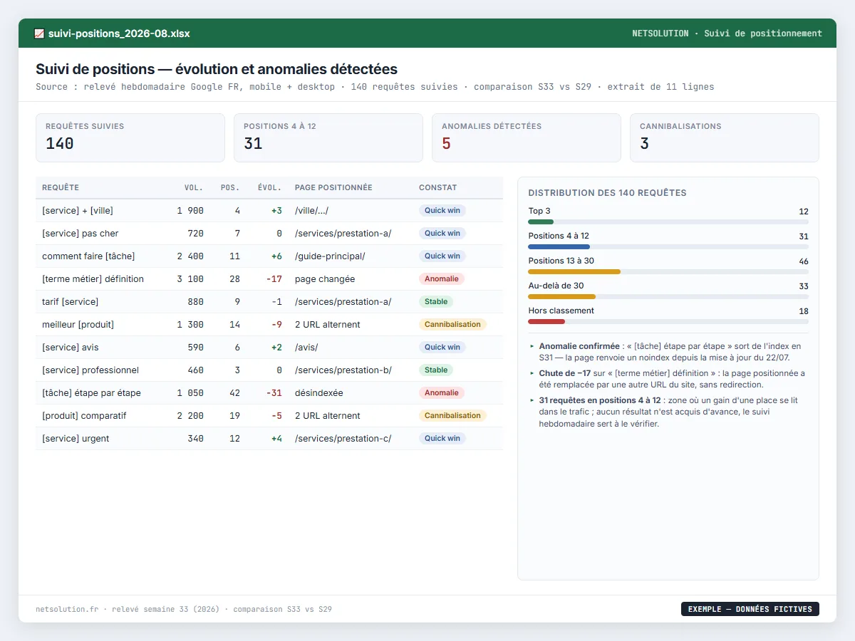 Exemple de livrable NETSOLUTION : suivi de positions Google, tableau d’analyse en données fictives