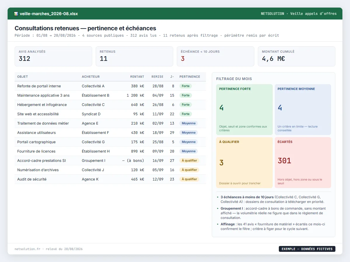 Exemple de livrable NETSOLUTION : veille d’appels d’offres, tableau d’analyse en données fictives