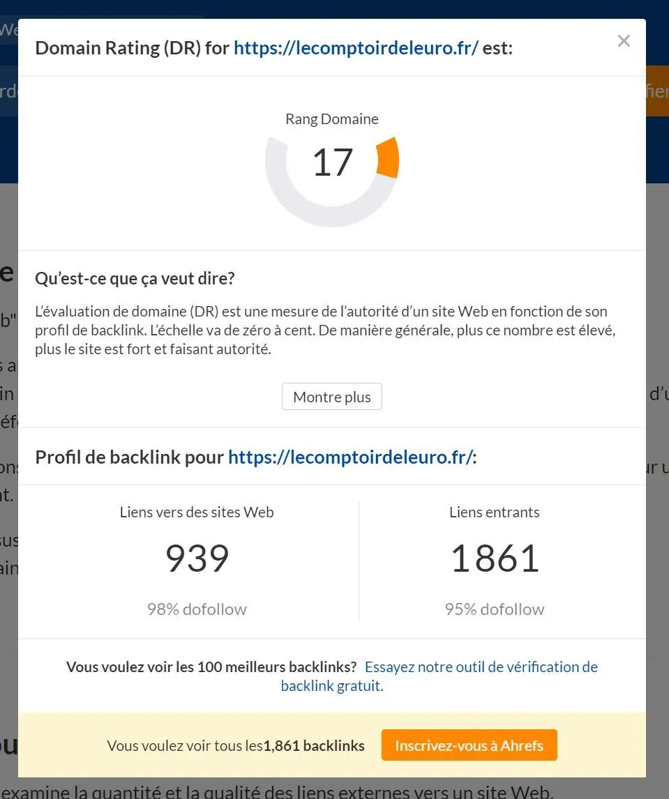lecomptoirdeleuro.fr : capture avant intervention (Ahrefs, 31 mai 2022)