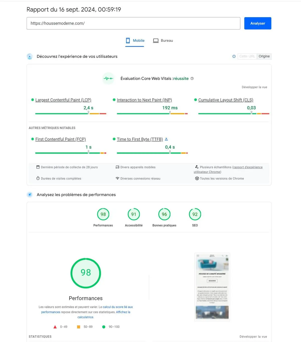 houssemoderne.com : capture après intervention (PageSpeed mobile, 16 sept. 2024)