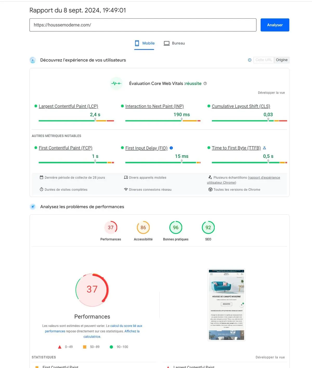 houssemoderne.com : capture avant intervention (PageSpeed mobile, 8 sept. 2024)
