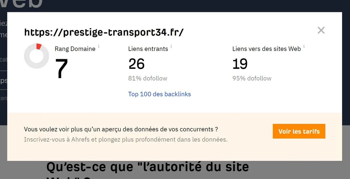 prestige-transport34.fr : capture avant intervention (Ahrefs, 5 mai 2023)