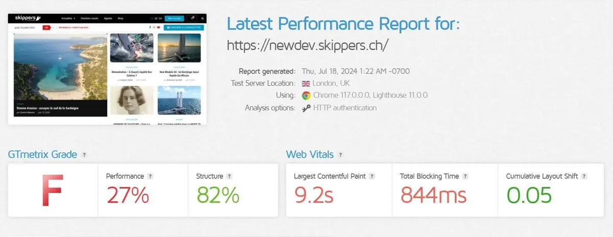 skippers.ch : capture avant intervention (GTmetrix, 18 juillet 2024)
