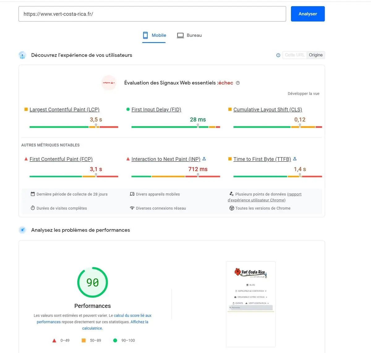 vert-costa-rica.fr : capture après intervention (PageSpeed mobile, 19 juillet 2022)