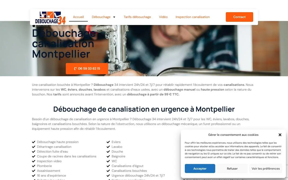 Page d’accueil de debouchages-canalisation.com en octobre 2026